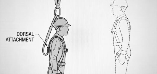 Side-view diagram of a worker suspended from an arrested fall: overhead beam anchor, fully deployed energy absorber, dorsal harness attachment, legs h