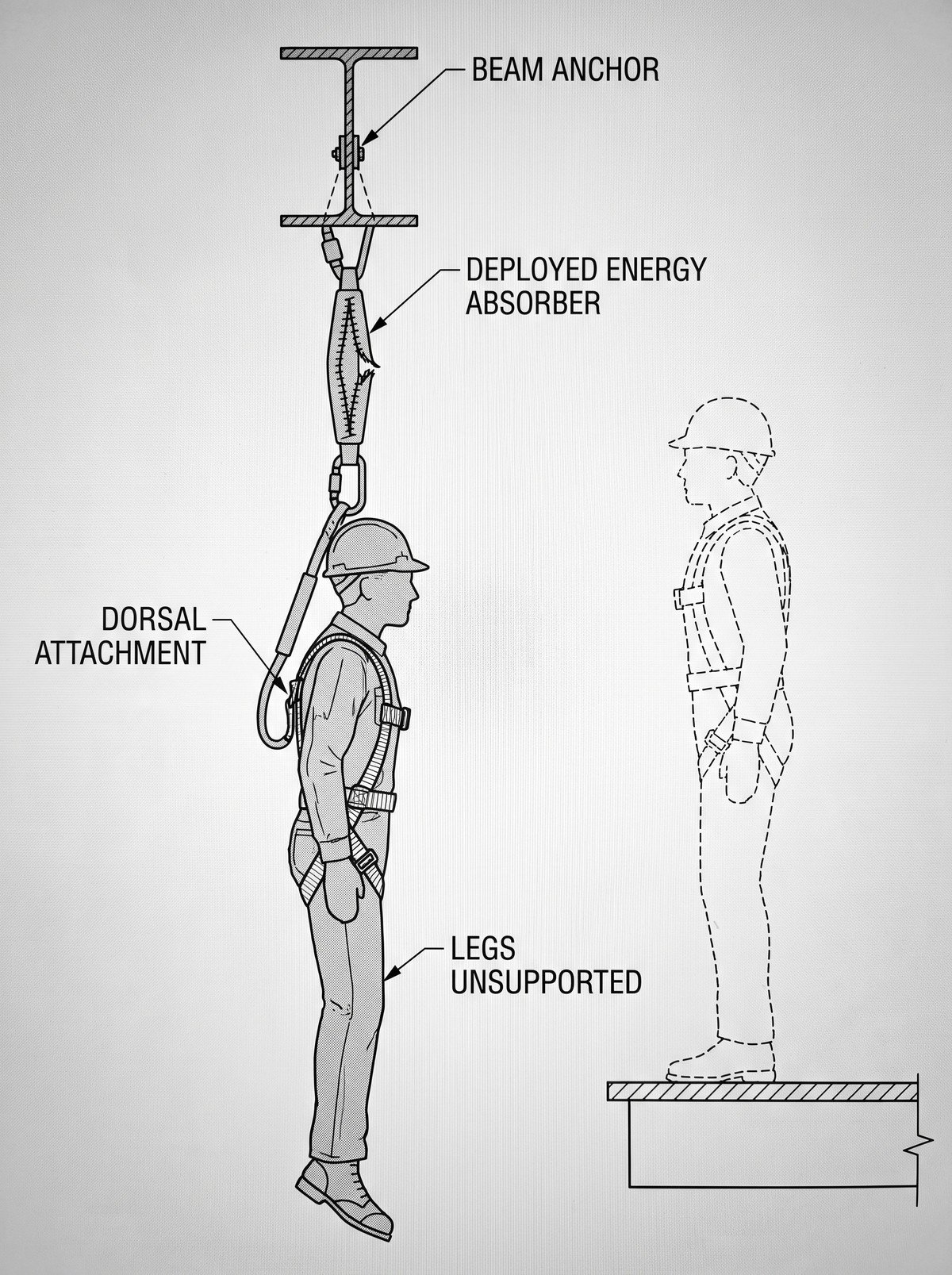Side-view diagram of a worker suspended from an arrested fall: overhead beam anchor, fully deployed energy absorber, dorsal harness attachment, legs hanging unsupported, with arrows showing the load path and a dashed outline of the pre-fall working position and fall distance.