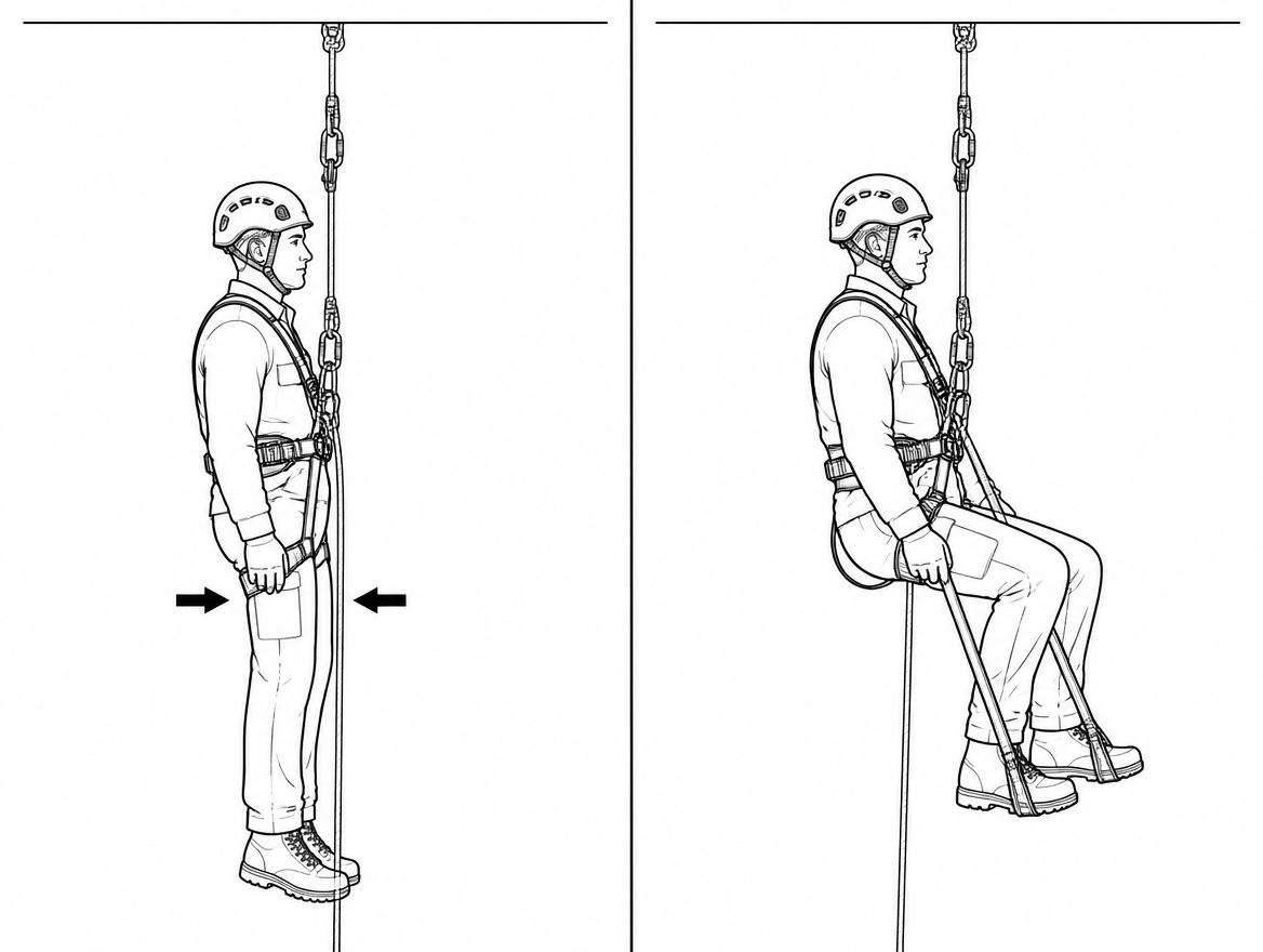Leg-strap pressure in a motionless hang versus standing in foot loops to relieve it.