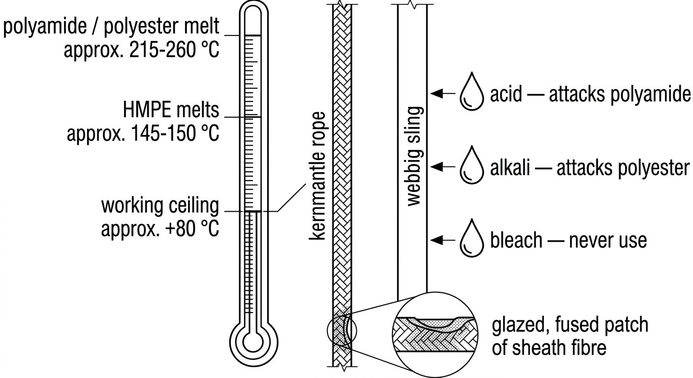 Technical illustration of temperature and chemical limits for rope access textiles, showing melting thresholds for rope fibres and acid, alkali and bleach hazards to webbing