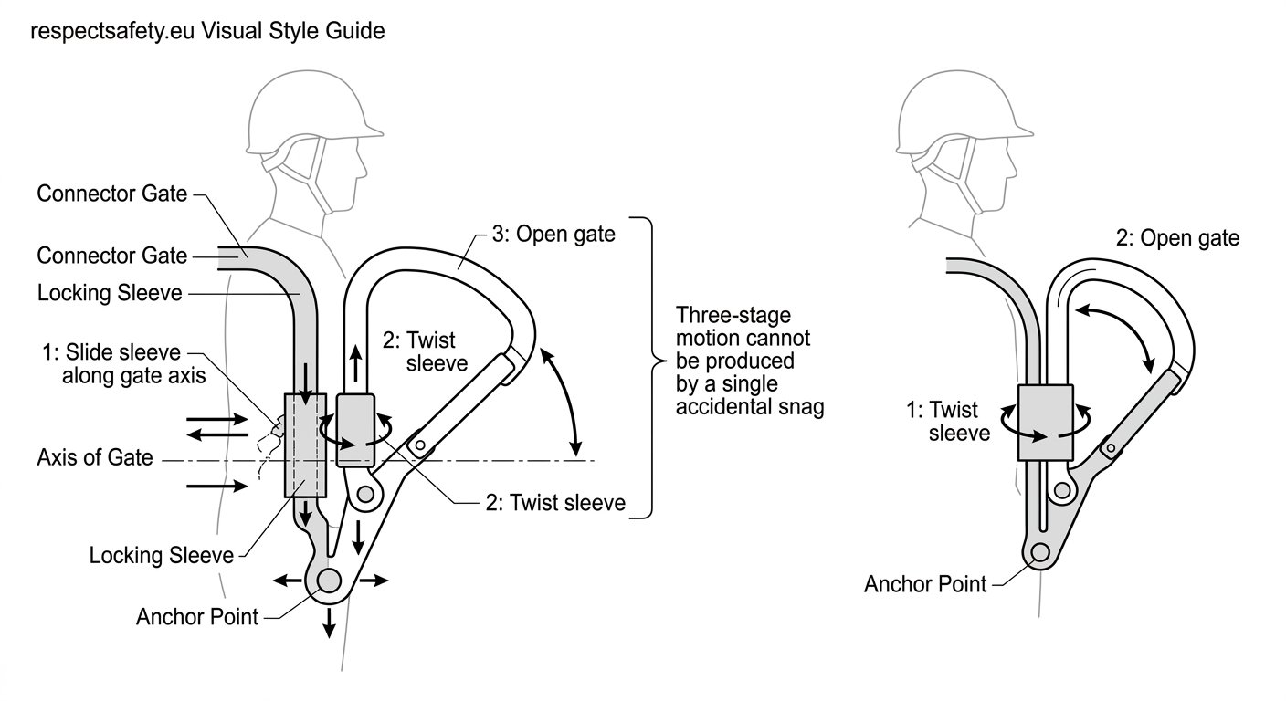 Comparison diagram of a three-stage auto-locking connector requiring slide, twist and open, alongside a simpler two-stage twist-and-open mechanism