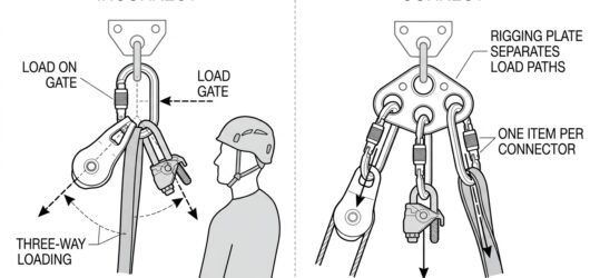 Diagram contrasting three-way loading of a single connector with a rigging plate that gives each component its own connector