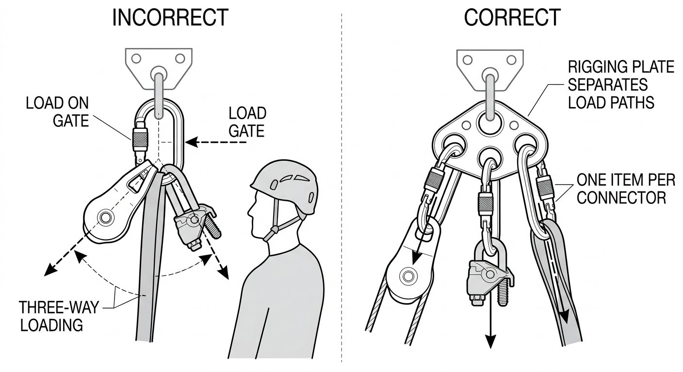 Diagram contrasting three-way loading of a single connector with a rigging plate that gives each component its own connector