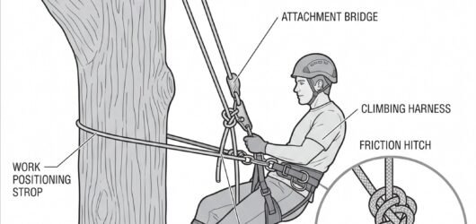 Simple line-art illustration of an arborist harness with a climbing rope routed through a friction hitch and connector to a tree canopy anchor point.