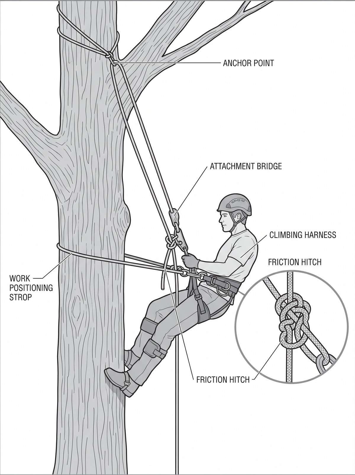 Simple line-art illustration of an arborist harness with a climbing rope routed through a friction hitch and connector to a tree canopy anchor point.