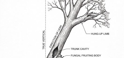 Simple line-art illustration of a tree with a visible lean, a cracked branch caught in the upper canopy, and a cavity marked on the trunk.