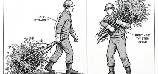 Simple line-art illustration of a worker dragging a brash branch by the butt end while walking forward, keeping the load trailing behind rather than c