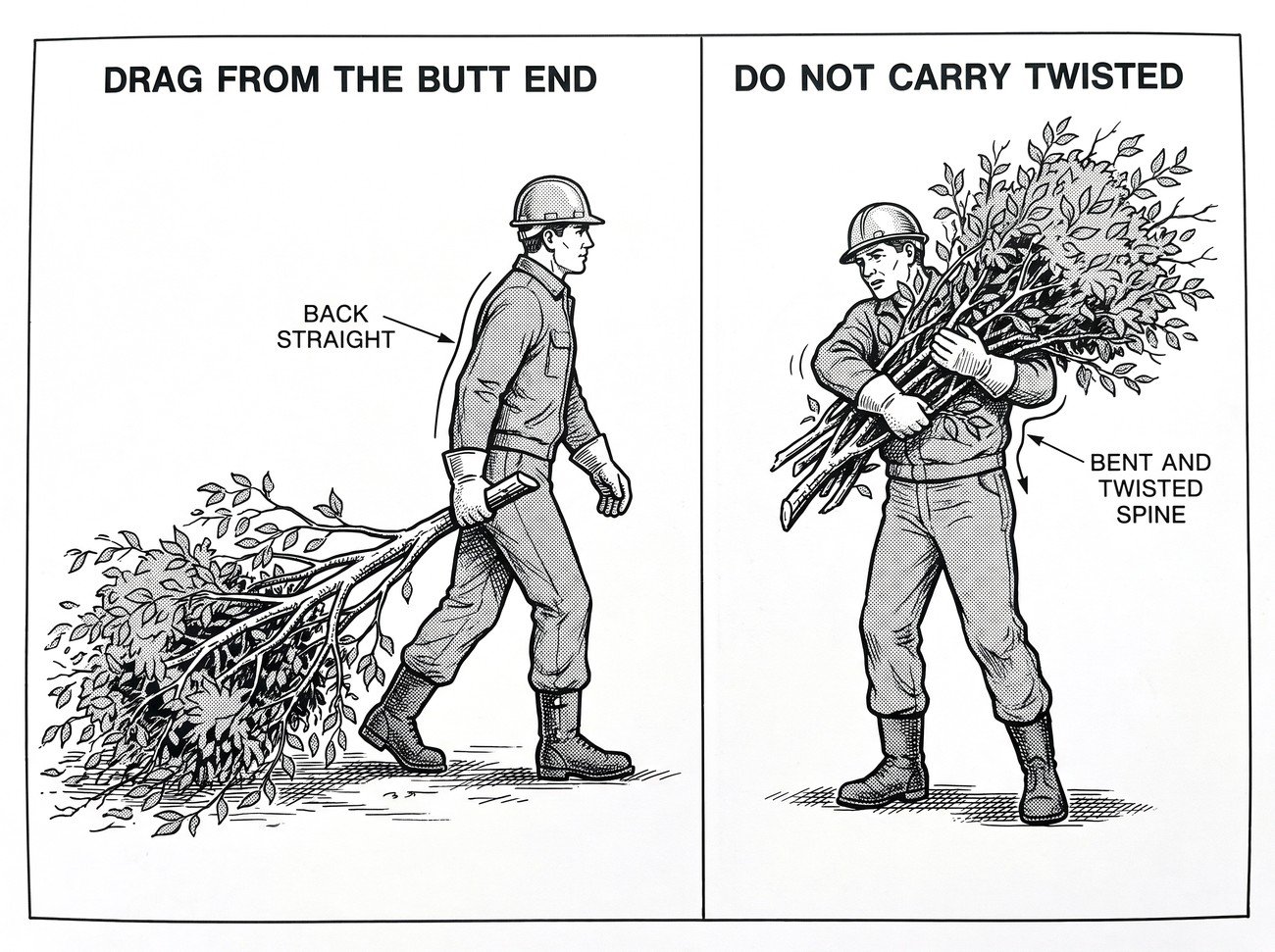 Simple line-art illustration of a worker dragging a brash branch by the butt end while walking forward, keeping the load trailing behind rather than carried on the back.