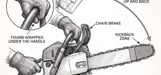 Simple line-art illustration of a chainsaw bar with the upper tip kickback zone highlighted, held with a firm two-handed grip.