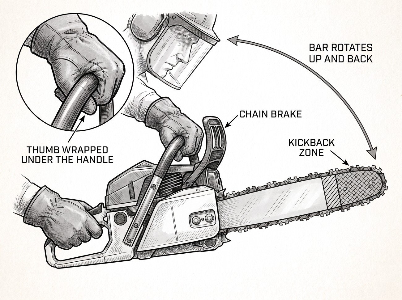 Simple line-art illustration of a chainsaw bar with the upper tip kickback zone highlighted, held with a firm two-handed grip.