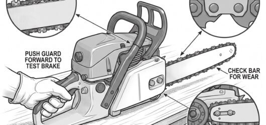 Simple line-art illustration of a hand testing a chainsaw's front hand guard and chain brake mechanism before starting the saw.