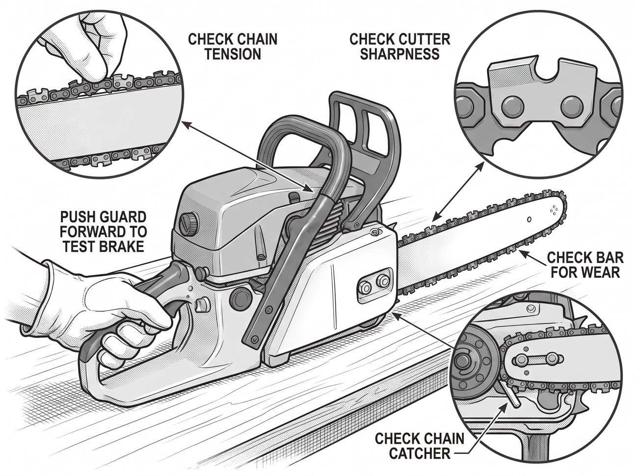 Simple line-art illustration of a hand testing a chainsaw's front hand guard and chain brake mechanism before starting the saw.