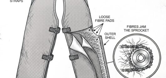 Simple line-art illustration of a pair of chainsaw protective leg chaps with layered fabric panels visible at a cut edge.