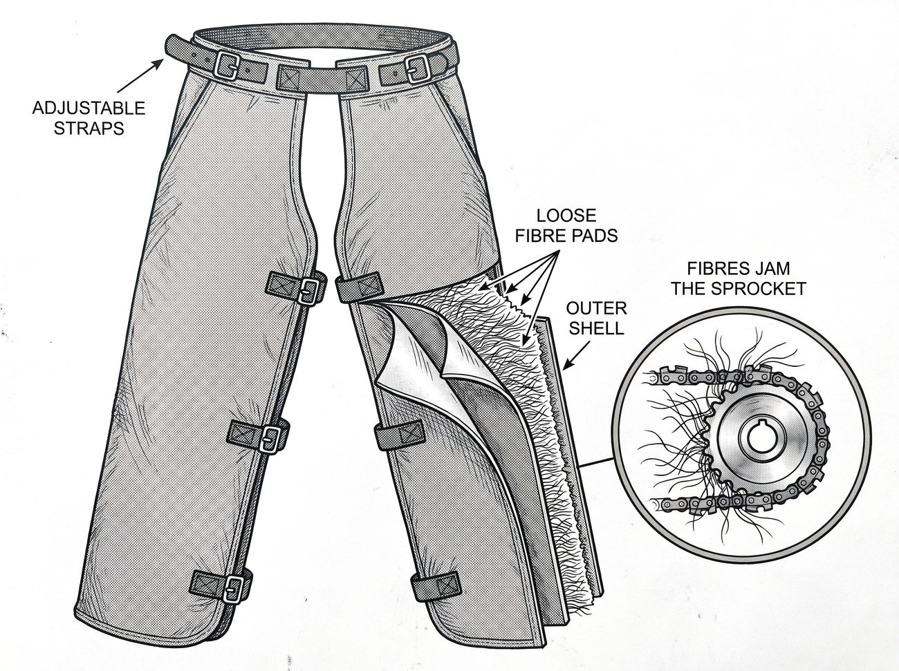 Simple line-art illustration of a pair of chainsaw protective leg chaps with layered fabric panels visible at a cut edge.