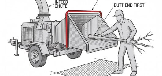 Simple line-art illustration of an operator feeding a branch into a wood chipper from the side, standing well clear of the feed opening.