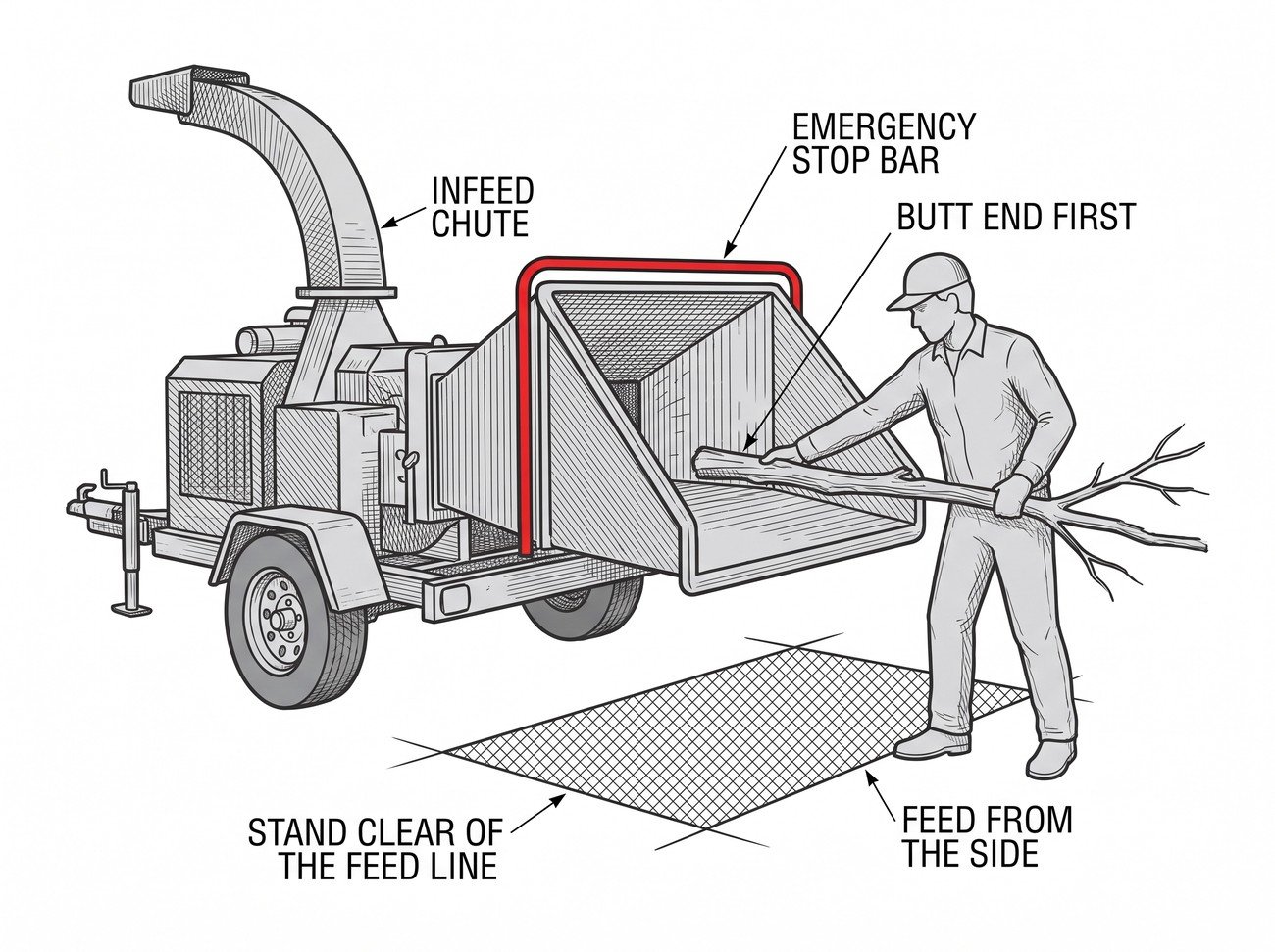 Simple line-art illustration of an operator feeding a branch into a wood chipper from the side, standing well clear of the feed opening.