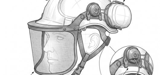 Simple line-art illustration of a forestry safety helmet with integrated ear defenders and a mesh visor attached.