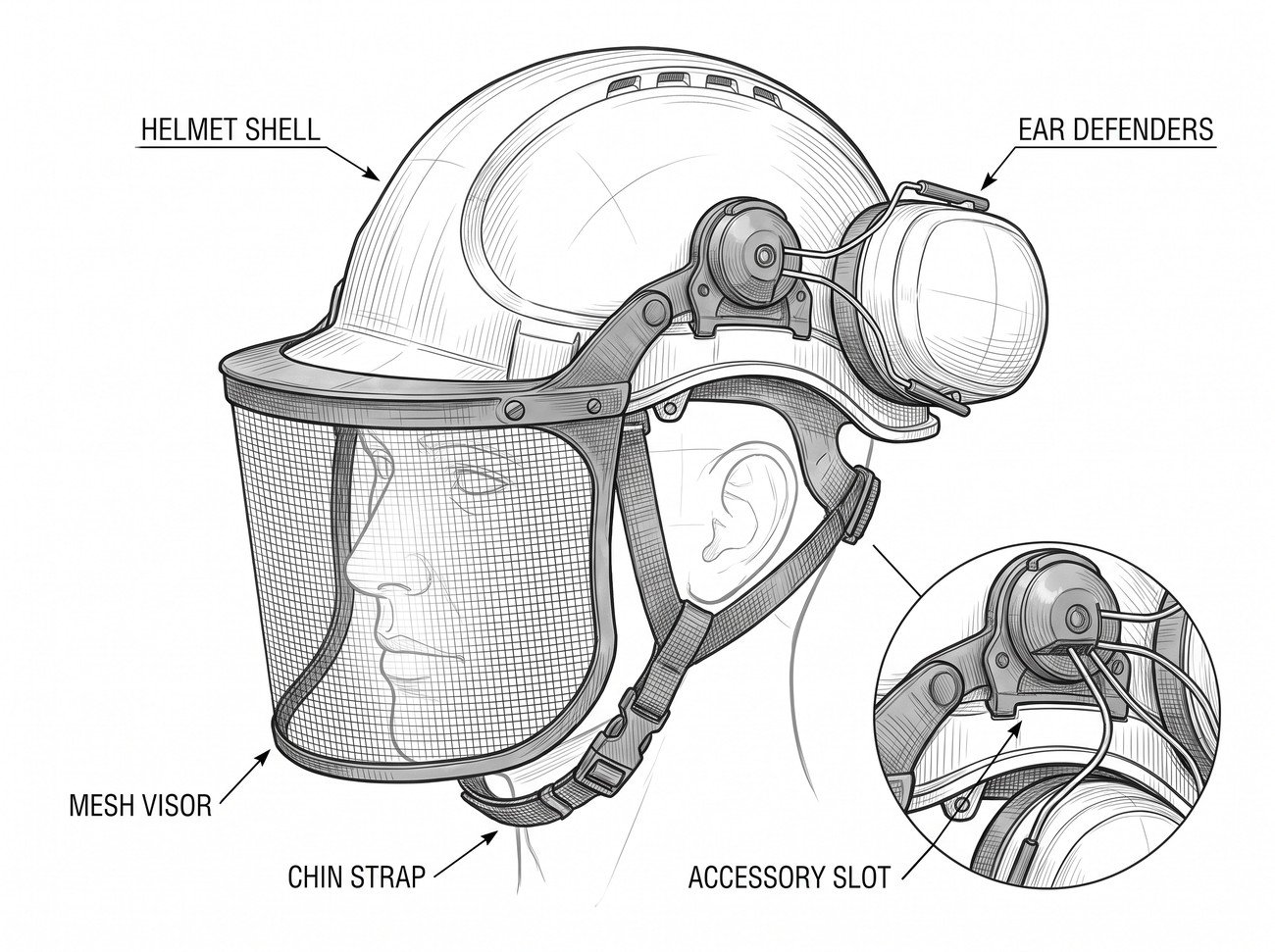 Simple line-art illustration of a forestry safety helmet with integrated ear defenders and a mesh visor attached.