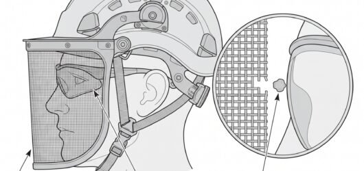 Simple line-art illustration of a pair of wraparound safety glasses positioned beneath a helmet-mounted mesh visor.