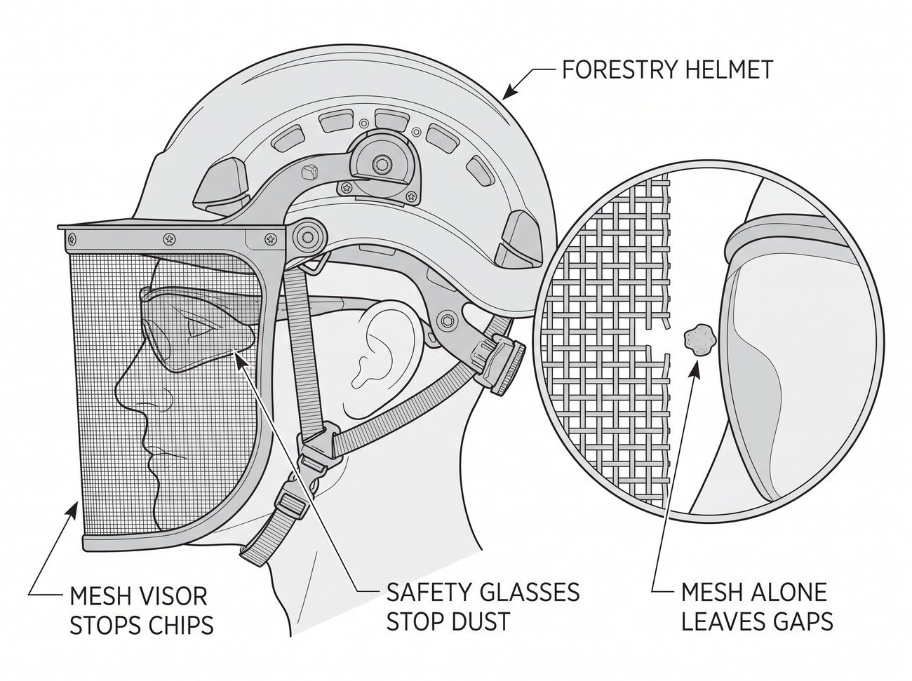 Simple line-art illustration of a pair of wraparound safety glasses positioned beneath a helmet-mounted mesh visor.