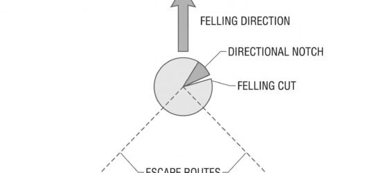 Simple line-art illustration of a tree with two diagonal escape route paths marked leading away from the anticipated felling direction on either side.