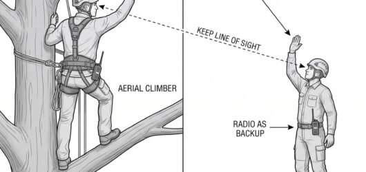 Simple line-art illustration of an aerial climber and a ground crew member exchanging a hand signal during a tree rigging operation.