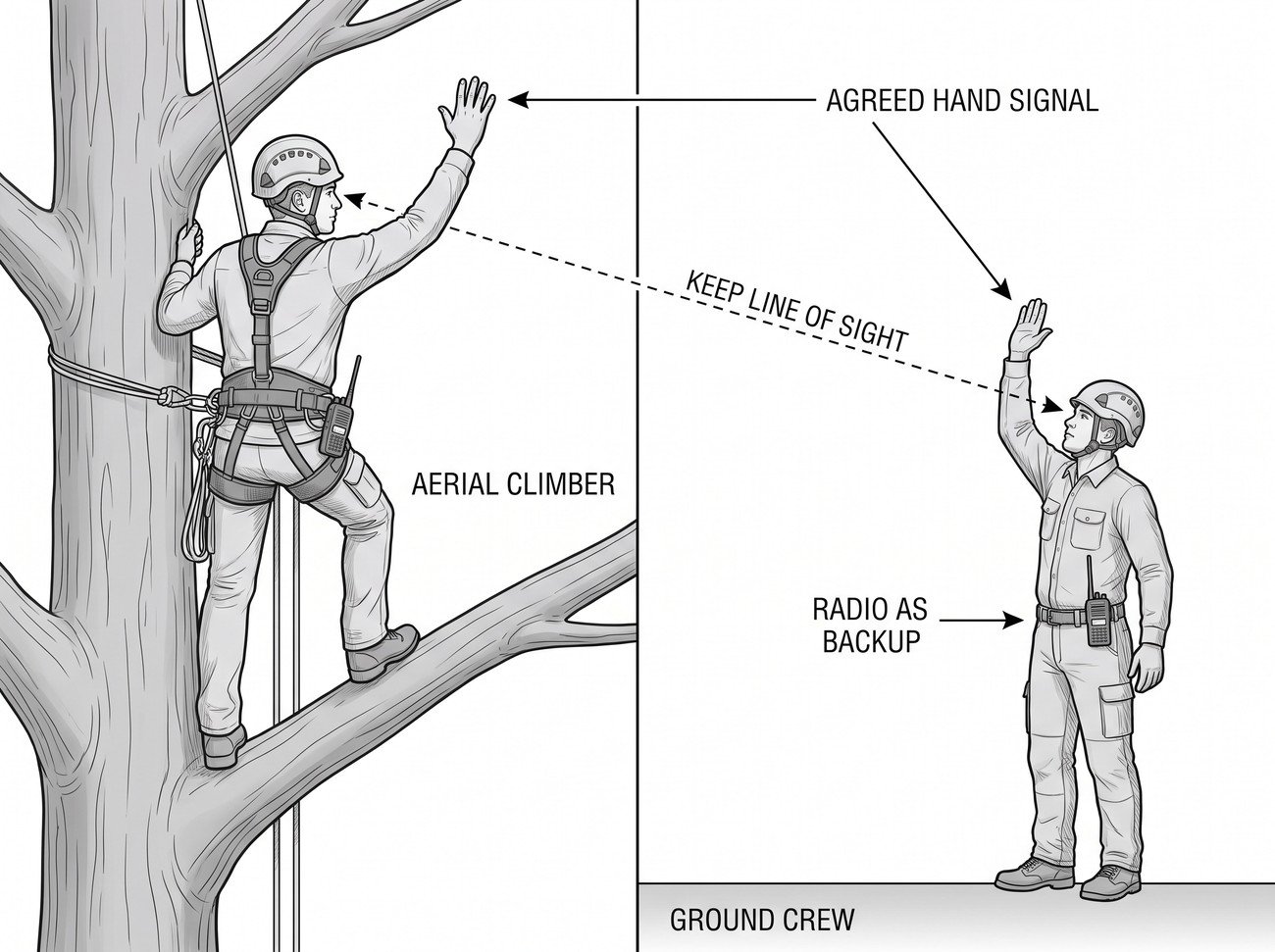 Simple line-art illustration of an aerial climber and a ground crew member exchanging a hand signal during a tree rigging operation.