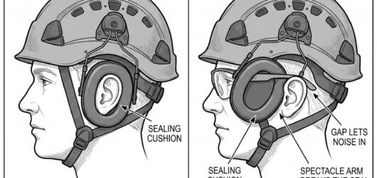 Simple line-art illustration of a pair of ear defenders mounted on articulated arms attached to a helmet shell.