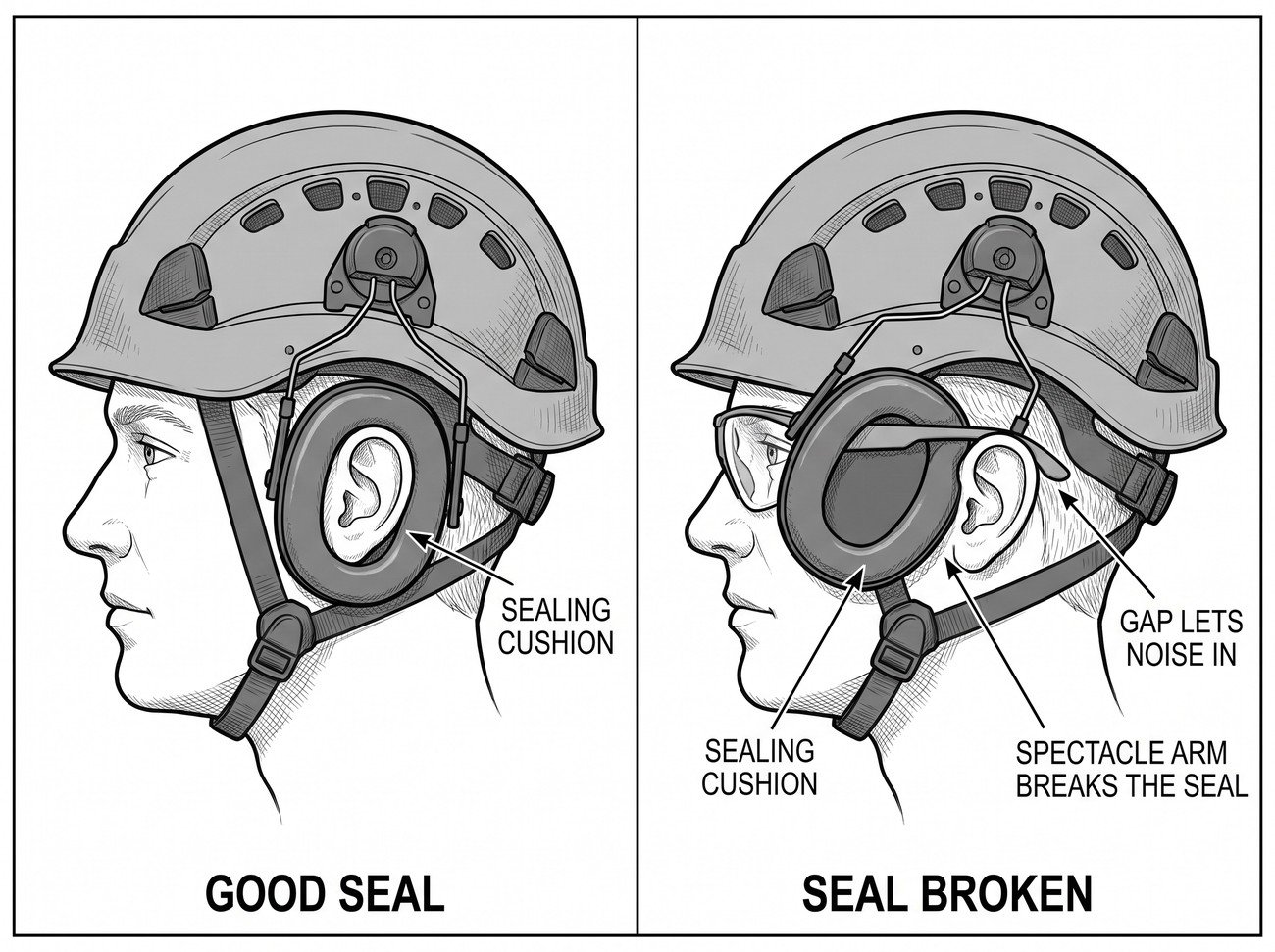 Simple line-art illustration of a pair of ear defenders mounted on articulated arms attached to a helmet shell.