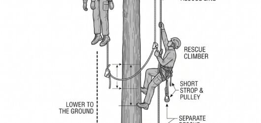 Simple line-art illustration of a ground-based rescuer ascending a rope toward an incapacitated climber positioned in a tree canopy.
