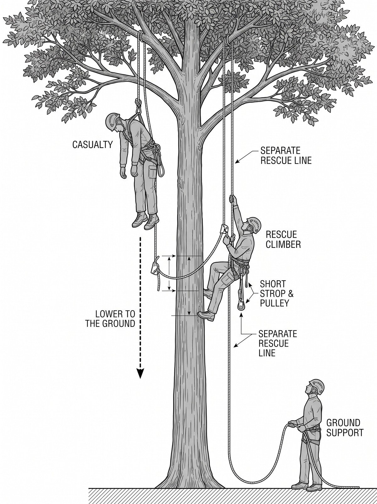 Simple line-art illustration of a ground-based rescuer ascending a rope toward an incapacitated climber positioned in a tree canopy.