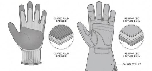 Simple line-art illustration of two work gloves side by side with clear spacing: a general mechanical-protection glove and a chainsaw-rated glove with