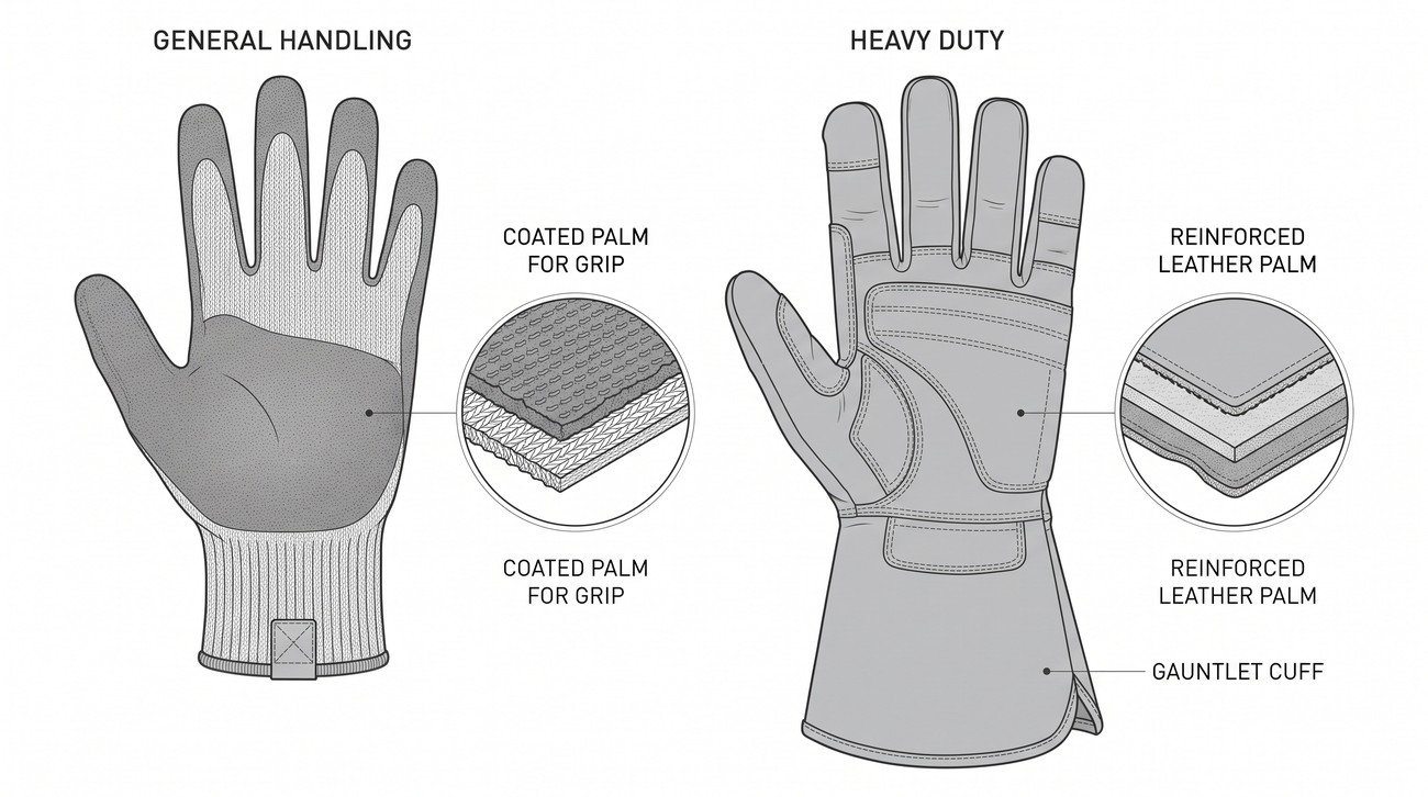 Simple line-art illustration of two work gloves side by side with clear spacing: a general mechanical-protection glove and a chainsaw-rated glove with a visibly thicker back panel.