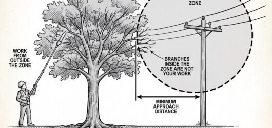 Simple line-art illustration of a tree growing near an overhead power line, with a clearance boundary marked between the tree canopy and the line.