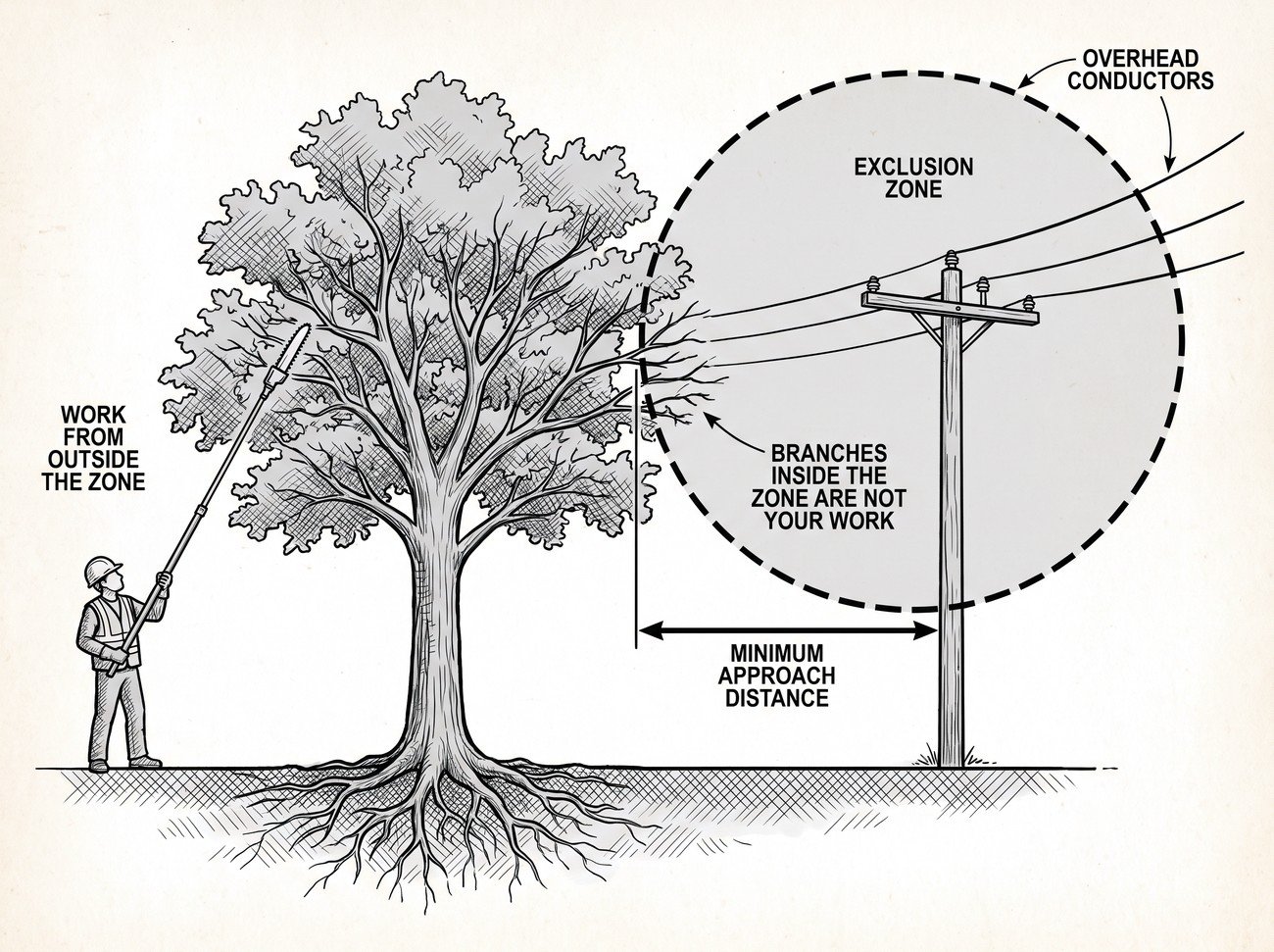 Simple line-art illustration of a tree growing near an overhead power line, with a clearance boundary marked between the tree canopy and the line.