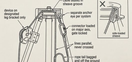 Diagram of tripod head rigging showing a rescue lifting device on its leg bracket, cable seated in the head sheave, and a separate uncrossed retrieval
