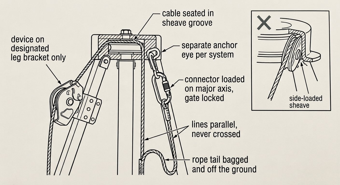 Diagram of tripod head rigging showing a rescue lifting device on its leg bracket, cable seated in the head sheave, and a separate uncrossed retrieval line on the second anchor eye