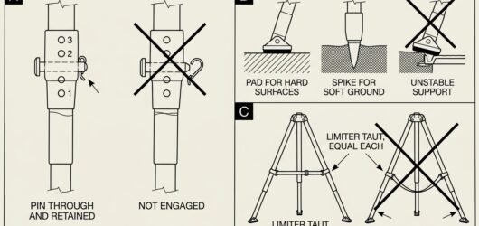 Comparison diagram of tripod leg pinning, foot types for hard and soft ground, and the difference between a taut and a slack spread limiter