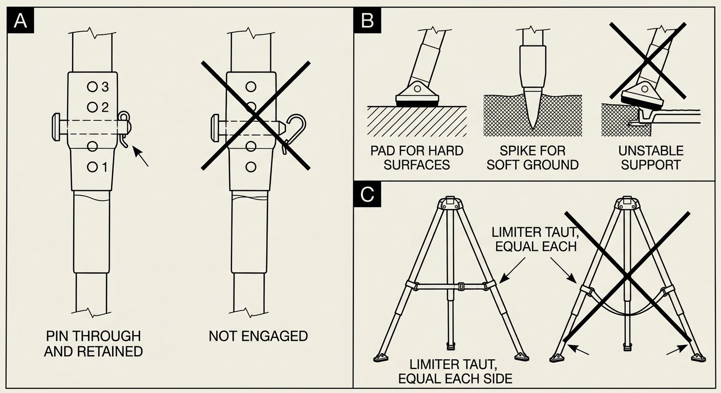 Comparison diagram of tripod leg pinning, foot types for hard and soft ground, and the difference between a taut and a slack spread limiter