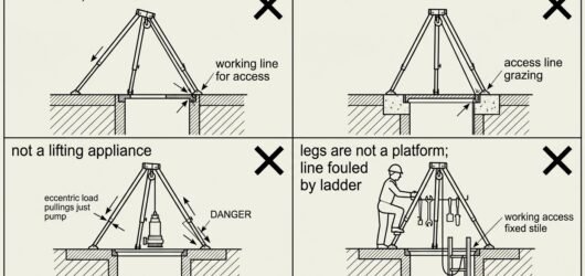 Four-panel diagram of common tripod setup errors over a manhole: tilted head, off-centre frame, use as a lifting appliance, and standing on the legs w