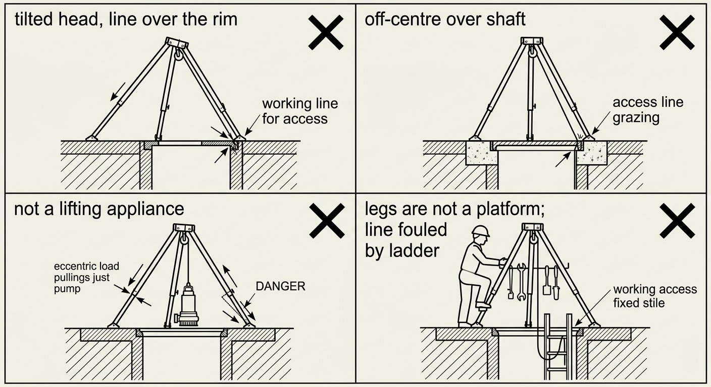 Four-panel diagram of common tripod setup errors over a manhole: tilted head, off-centre frame, use as a lifting appliance, and standing on the legs with a fouled line