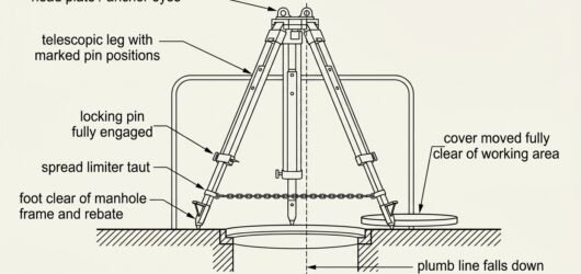 Line diagram of a tripod erected over an open manhole showing head anchor eyes, pinned telescopic legs, taut spread limiter and a plumb line falling t