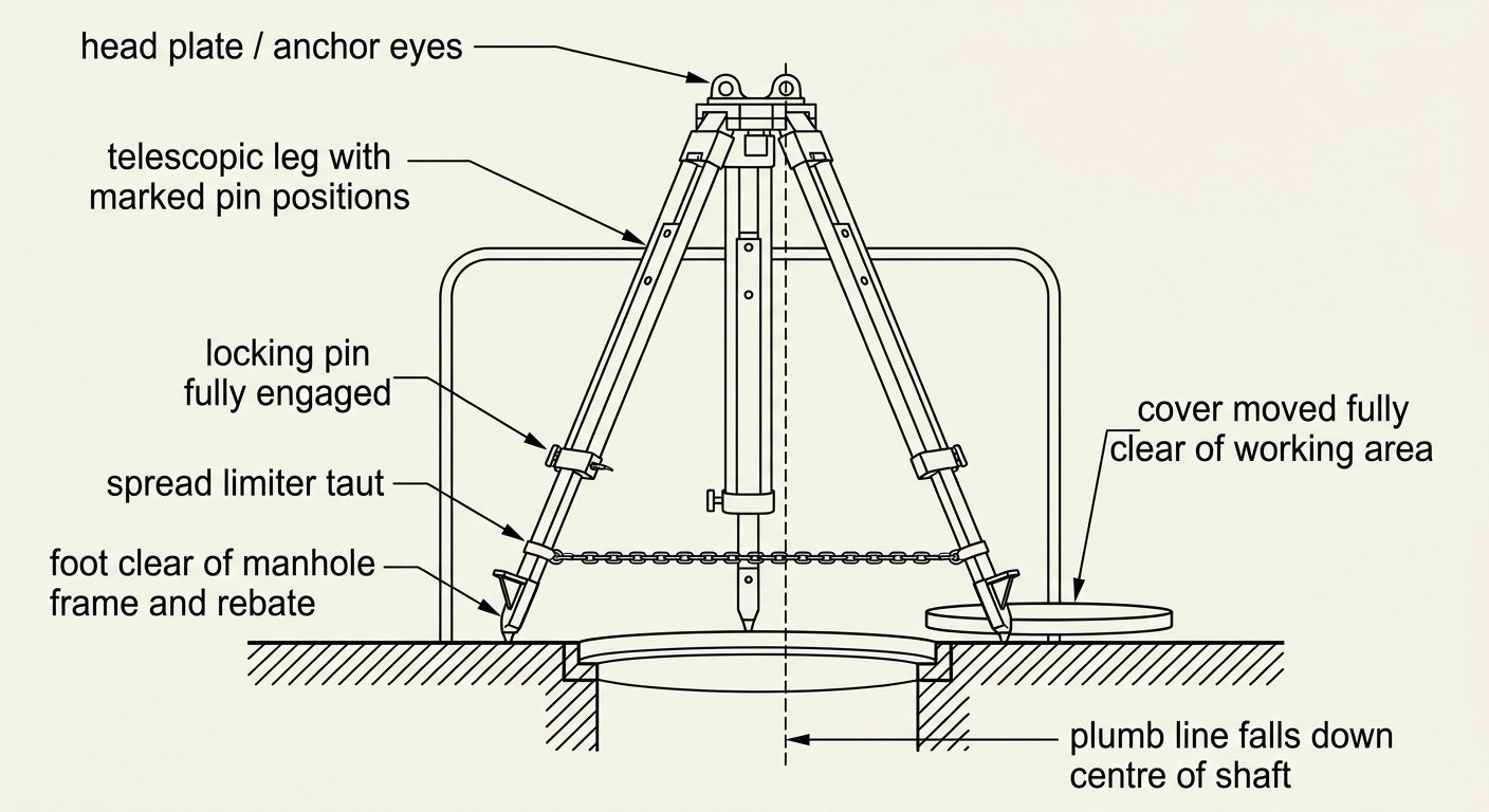 Line diagram of a tripod erected over an open manhole showing head anchor eyes, pinned telescopic legs, taut spread limiter and a plumb line falling through the centre of the shaft