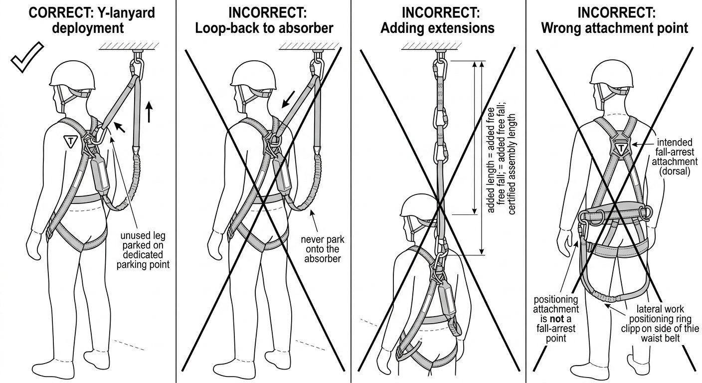 Diagram showing correct parking of an unused twin-leg lanyard arm and three incorrect configurations that add free fall or use the wrong attachment point