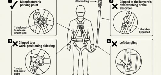 Diagram of a twin-leg lanyard showing the correct manufacturer parking point for the unused hook and three incorrect stowage locations.