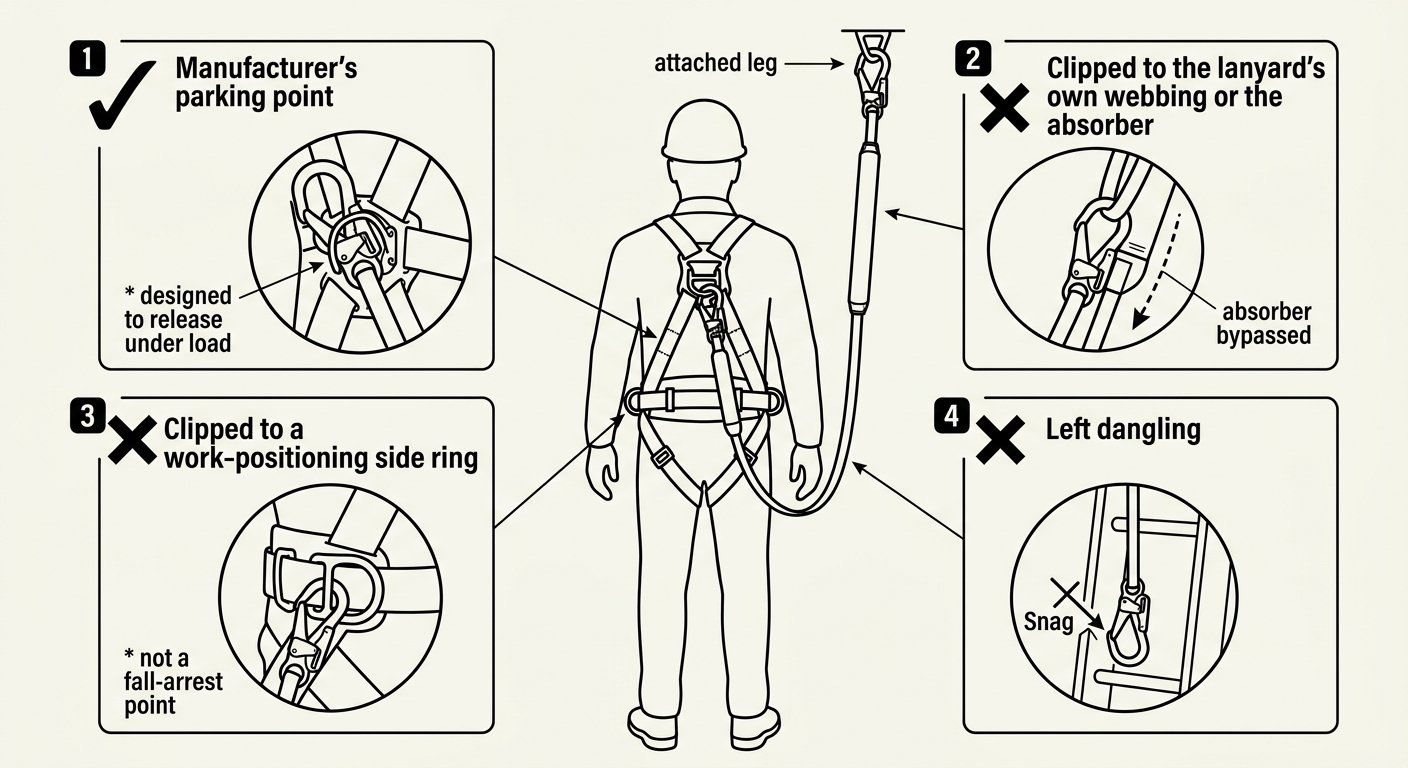 Diagram of a twin-leg lanyard showing the correct manufacturer parking point for the unused hook and three incorrect stowage locations.
