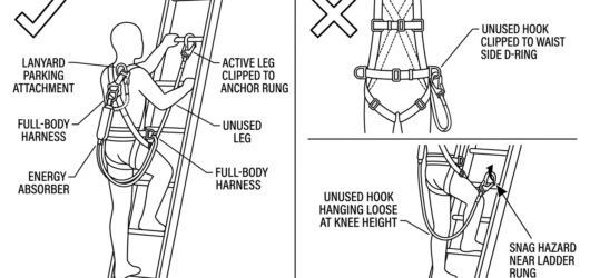 Diagram of a twin-leg lanyard with both legs on one dorsal attachment and the spare leg stowed on a dedicated parking point, contrasted with parking i