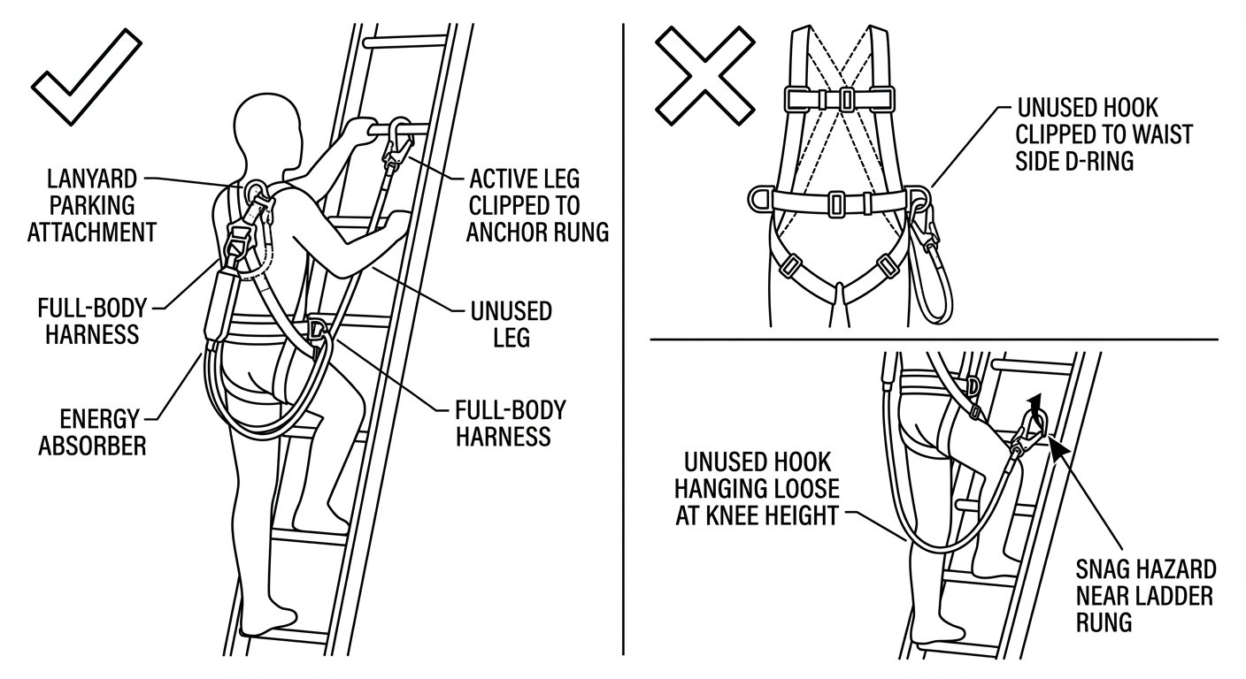 Diagram of a twin-leg lanyard with both legs on one dorsal attachment and the spare leg stowed on a dedicated parking point, contrasted with parking it on a belt D-ring or leaving it hanging.