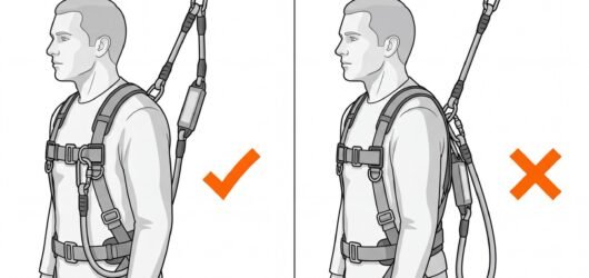 Comparison of a twin-leg fall-arrest lanyard with the unused leg correctly parked on the harness keeper, against the unused leg incorrectly clipped ba