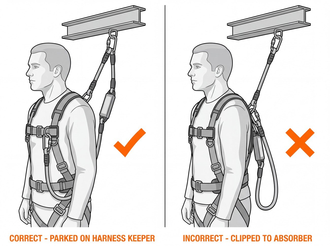 Comparison of a twin-leg fall-arrest lanyard with the unused leg correctly parked on the harness keeper, against the unused leg incorrectly clipped back onto the energy absorber.